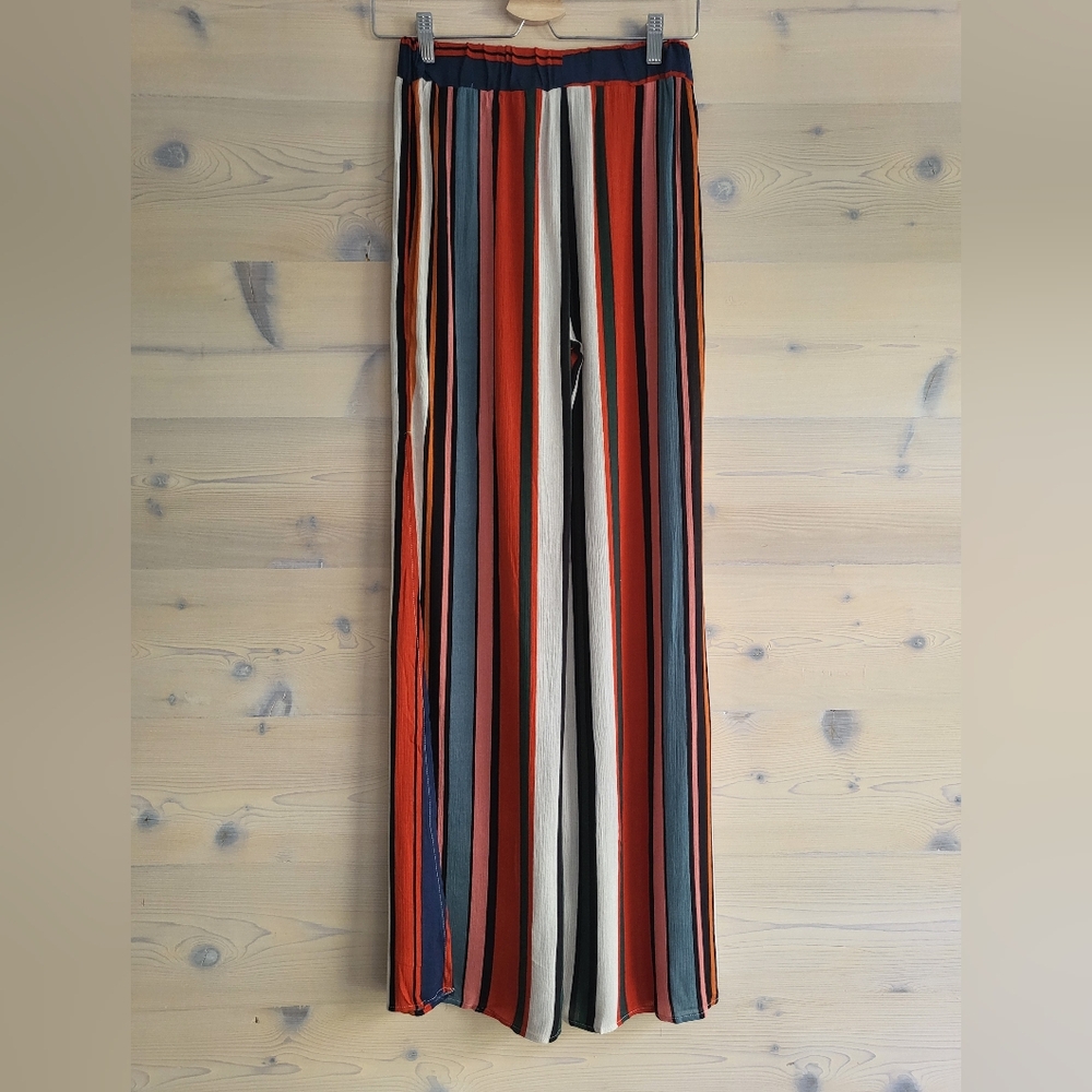 NWT Olivaceous Striped Rayon Wide Leg Pants with Side Slits, Multi Color size S